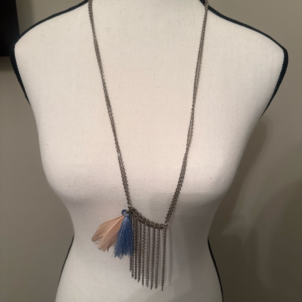 Boho Long Fringe Tassel Feather Statement Necklace‎ Silver Tone Blue Peach